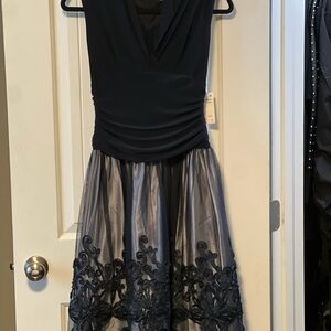 SLNY Black and Silver Embroidered Floral Dress